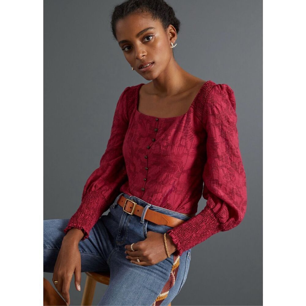 Anthropologie Romantic Puff-Sleeved Blouse Raspberry XS - Picture 2 of 9